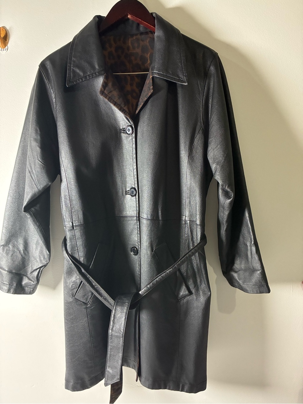 Women's Black Leather Trench Coat with Leopard-Print Lining